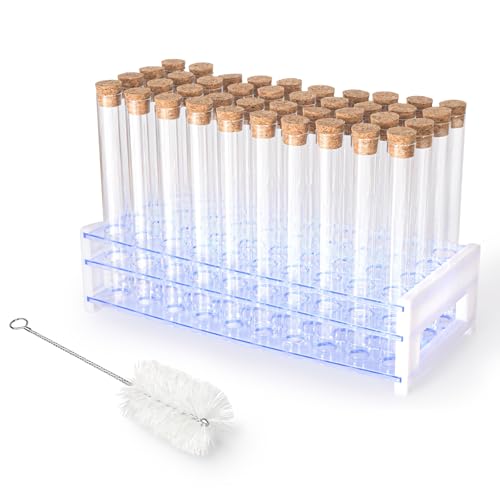 BKMAMLAB 25ml 40pcs Clear Glass Test Tubes 18x150mm with Cork Stoppers and 1pcs 50Holes Plastic Tubes Rack for use in La