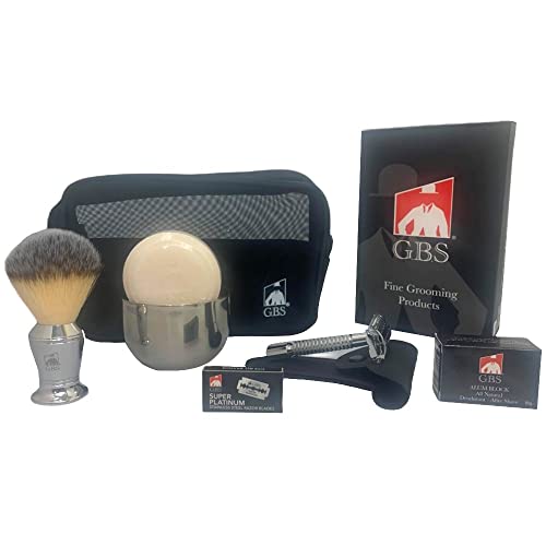 G.B.S Men Deluxe Travelling Kit, Butterfly Double Edge Safety Razor, Chrome Shaving Brush, Soap Bowl, Natural Shaving So