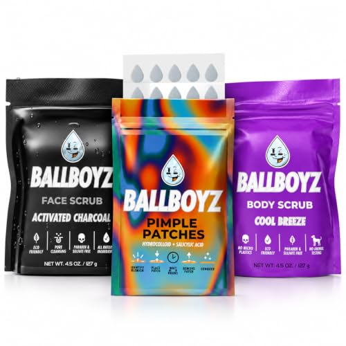 Ballboyz Acne Skin Care Kit for Teen Boys, Face & Body Scrub with Patches – Plant Based, Game Plan (Cool Breeze), 3 Ounc