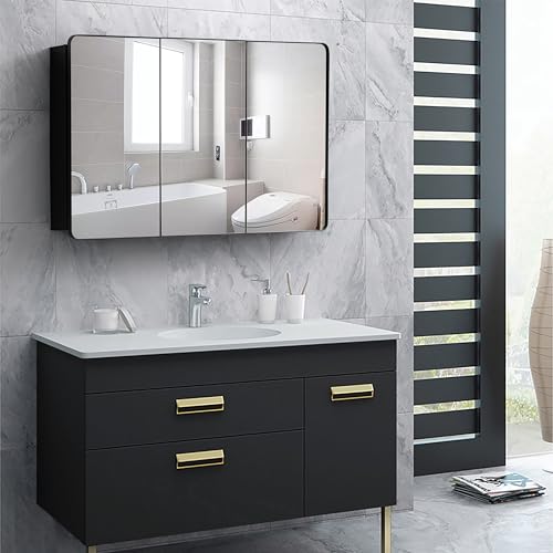 Basicwise 3-Door Aluminum Bathroom Medicine Cabinet, Round - Product Imagery