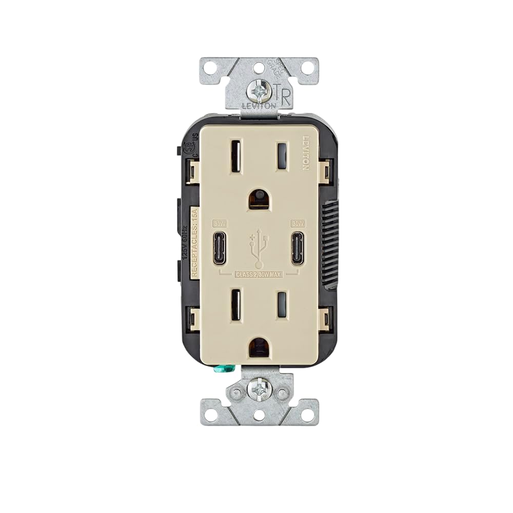 Leviton 30W (6A) USB Dual Type-C/C Power Delivery in-Wall Charger with 15A Tamper-Resistant Outlet, USB Charger for Smar