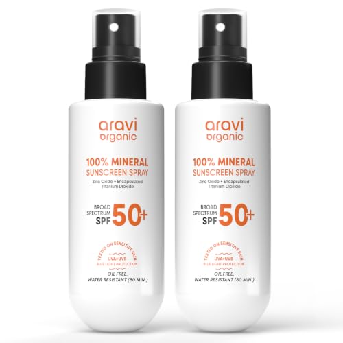 Aravi Organic 100% Mineral Sunscreen Spray SPF 50 | Broad Spectrum | Water Resistant 80 Min | Lightweight, No White Cast