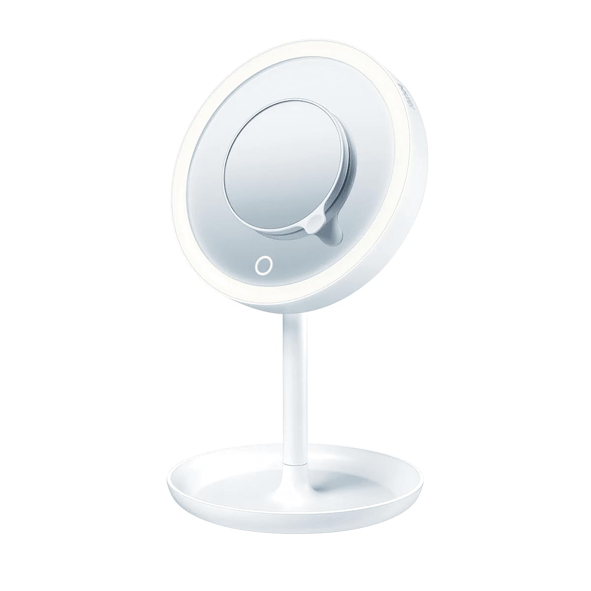 Beurer Illuminated 5X Vanity and Cosmetics Mirror, Touch Sensor Surface, Storage Tray, with Portable, Magnetic Magnifyin