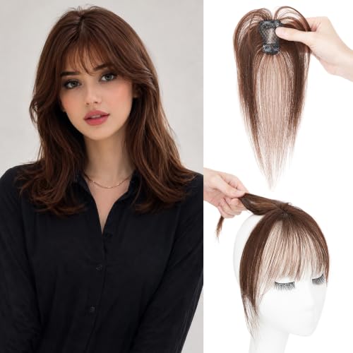 SLEEKALON Clip in Bangs Real Human Hair for Women Lightweight Wispy Bangs Hair Pieces Hand-Tied Lace Base Bangs Hair Cli