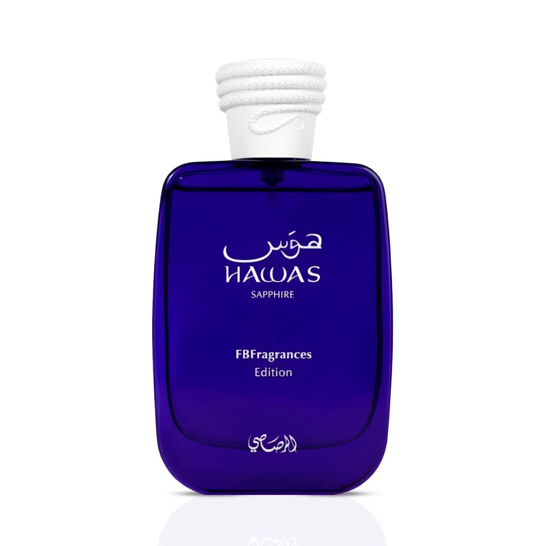 RASASI Hawas Sapphire EDP spray 100ml, a luxurious personal fragrance with a sleek bottle design and vibrant blue accents.