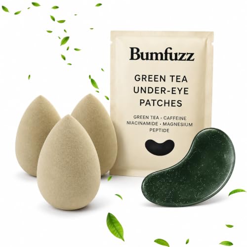 Bumfuzz Green Tea Under-Eye Patches & Makeup Sponge Set, 24 Pairs Eye Gel Patches with Caffeine, Niacinamide, Magnesium 