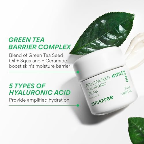 innisfree Green Tea Seed Hyaluronic Acid Cream, Korean moisturizer with ceramide, hydrating, fragrance-free, non-comedogenic skin care
