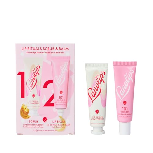 Lanolips Strawberry Lip Scrub & Lip Balm Set - Lip Rituals Lip Care Kit Infused with Pure Lanolin & Strawberry Extract -