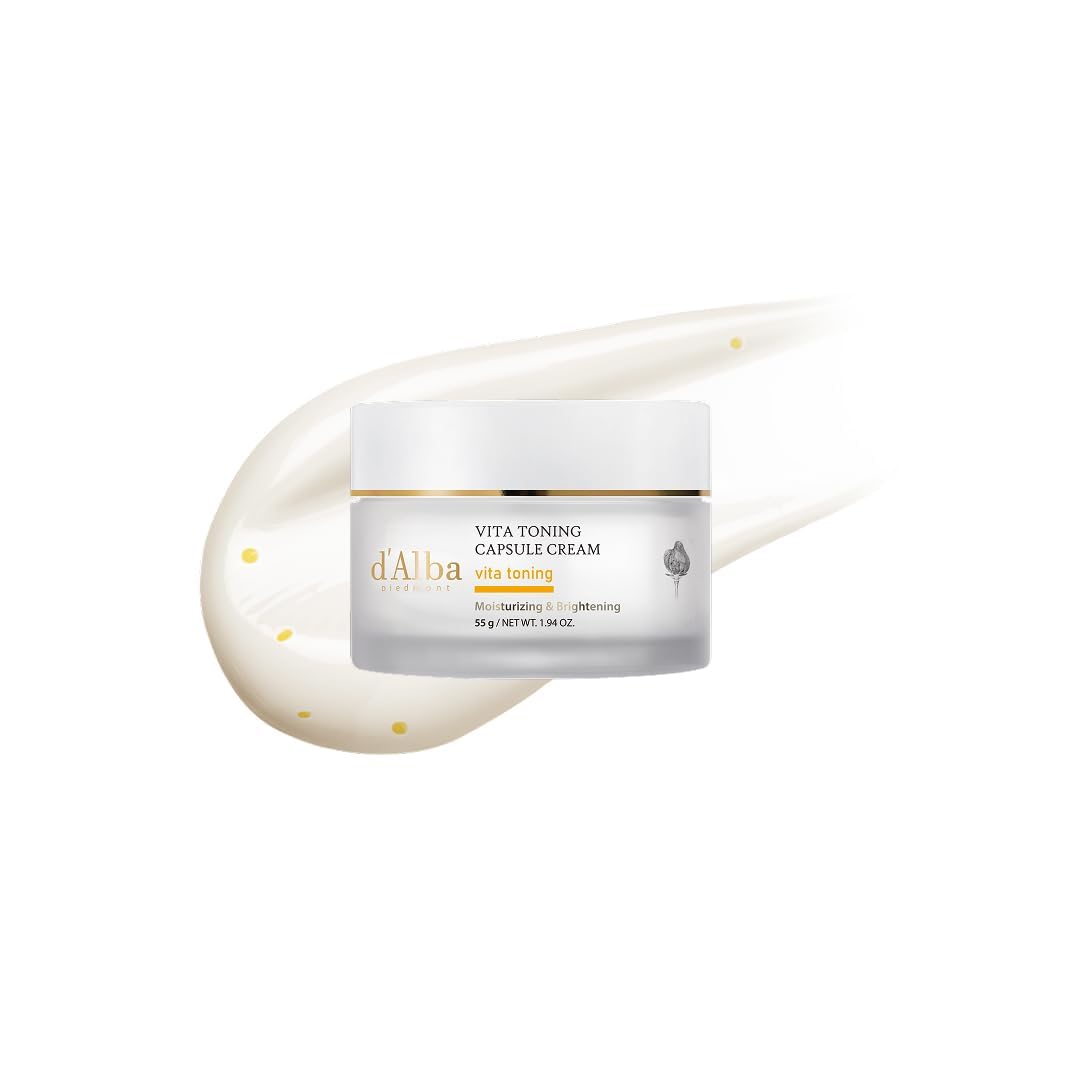 d'alba Piedmont Vita Toning Capsule Cream face moisturizer in a 1.94 oz jar, showing the product's elegant packaging and creamy texture.