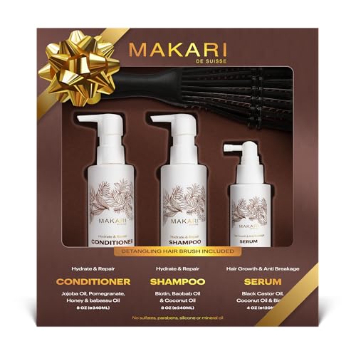 Makari Hair Care Set with Shampoo, Conditioner, Serum & Brush – Cruelty free, Coconut