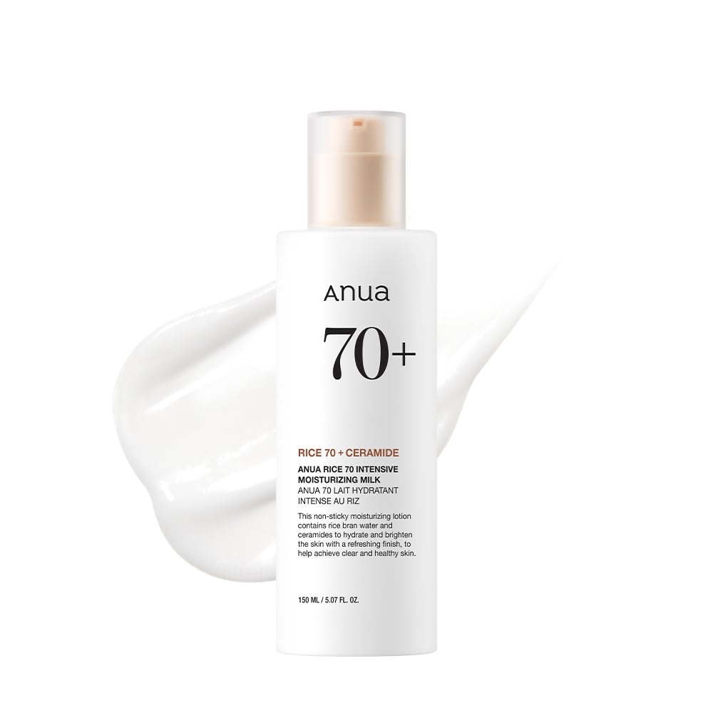ANUA Rice 70 Intensive Moisturizing Milk bottle showing the white container with product label, designed for deep skin hydration.
