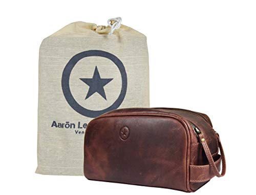 Premium leather toiletry travel pouch with waterproof lining by AARON LEATHER GOODS VENDIMIA ESTILO, featuring multiple compartments.