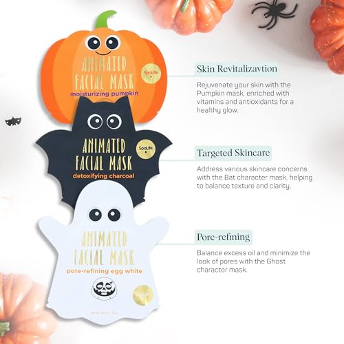 SpaLife Facial Mask Sheet Bundle - Pumpkin, Ghost, Bat - - Product Imagery