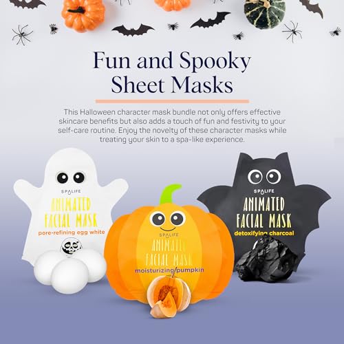 SpaLife Facial Mask Sheet Bundle - Pumpkin, Ghost, Bat - - Product Imagery