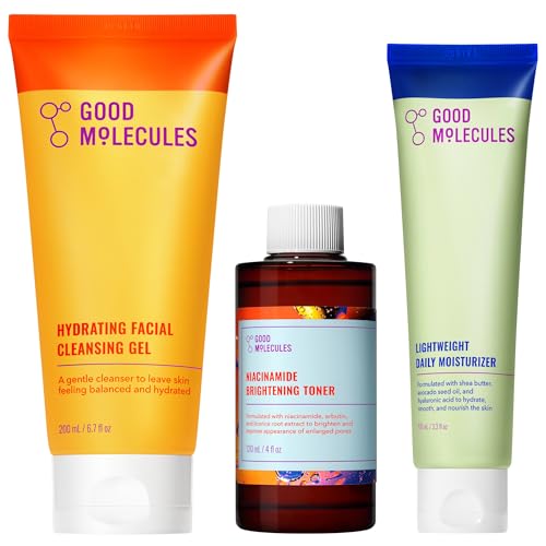 Good Molecules Cleanse, Tone & Moisturize Skincare Set – Hydrating Facial Cleansing Gel (200ml), Niacinamide Brightening