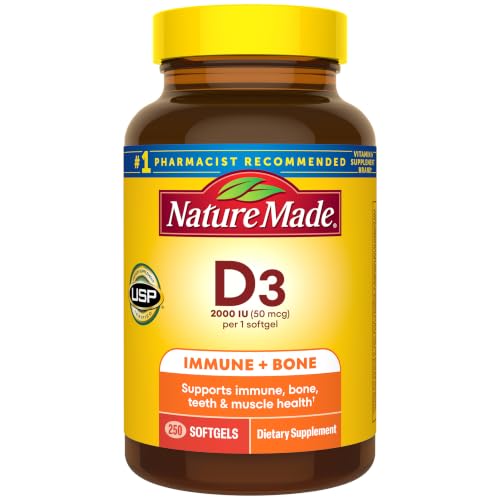 Nature Made Vitamin D3 2000 IU (50 mcg), 250 Vitamin D Softgels - Product Imagery