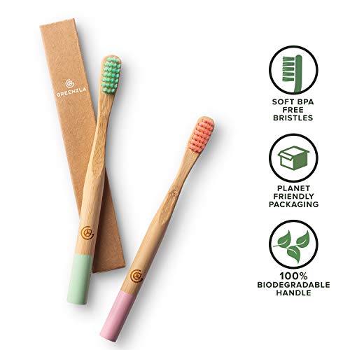 GREENZLA 6 Pack Kids Bamboo Toothbrush | Soft Charcoal Bristles - Product Imagery