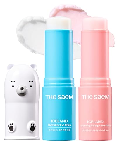 THESAEM Iceland Hydrating Eye Stick Bundle - 2 Pack (Hydrating + Collagen) - Cooling Under Eye Balm with Niacinamide for