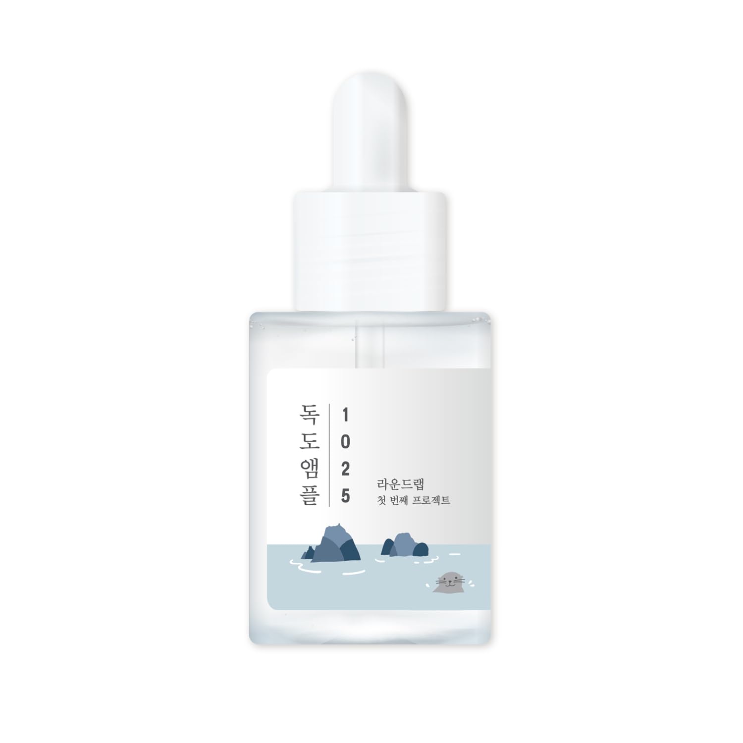 ROUND LAB 1025 Dokdo Ampoule deep hydration serum in a clear glass bottle with dropper for moisturizing skin.