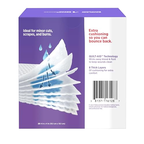 BAND-AID Brand Cushion-Care Gauze Pads, Large Size, 4 in x 4 in, - Product Imagery