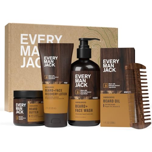 Every Man Jack Beard Care Kit for Men, Sandalwood Teak, Gift Set, 5 Piece – Dye Free, Paraben Free, Phthalate Free, Sand