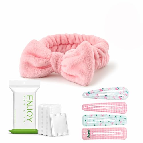 Skincare Accessories Set - Makeup Headband - Cotton Rounds - Hair Clips – Pink, Cloth