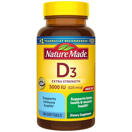 Nature Made Vitamin D3 5000 IU (125 mcg), 180 Vitamin D Softgels - Product Imagery