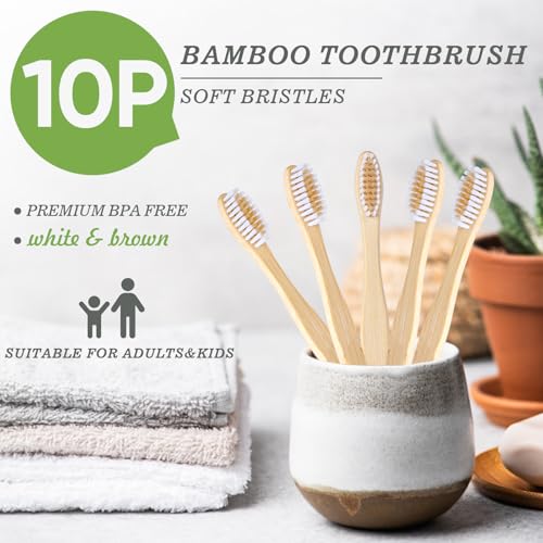 10 PCS Bamboo Toothbrushes Pack, Natural & Eco-Friendly Wooden - Product Imagery