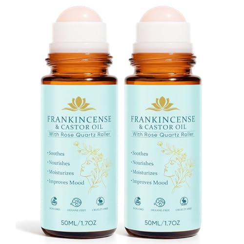 Peehss Frankincense and Castor Oil Roll On – Rose Quartz Roller Bottle, Organic Cold Pressed Castor Oil for Eyebrows, Fa