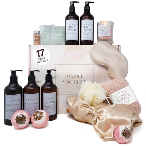 INFUS&Eacute; 17-Piece Spa Gift Box for Women | Includes Eye Mask, Candle, Robe, Loofa, Bath Bombs, Face Masks, Bubble B
