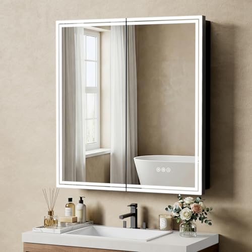 30"x32" LED Lighted Medicine Cabinet, LED Mirror with Defogger, - Product Imagery