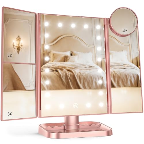 HUONUL 2X/3X/10X Magnifying Vanity Mirror with Light, Trifold Makeup Mirror – Metal