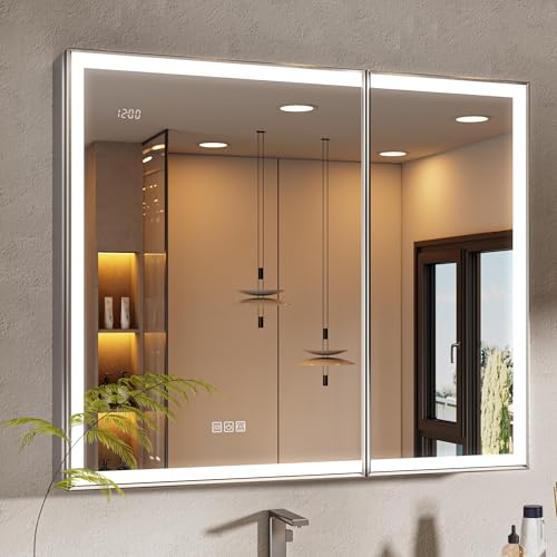 36x30 Lights Medicine Mirror Cabinet, Beveled Brushed Nickel - Product Imagery