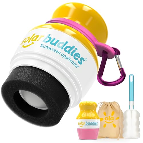 Solar Buddies Grab & Go Travel Bundle - Single Pink - Empty Refillable Applicator with Carabiner Clip & Brush - Roll-On 