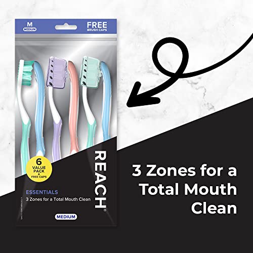 Reach Essentials Medium Toothbrushes with Toothbrush Caps, 6 - Product Imagery
