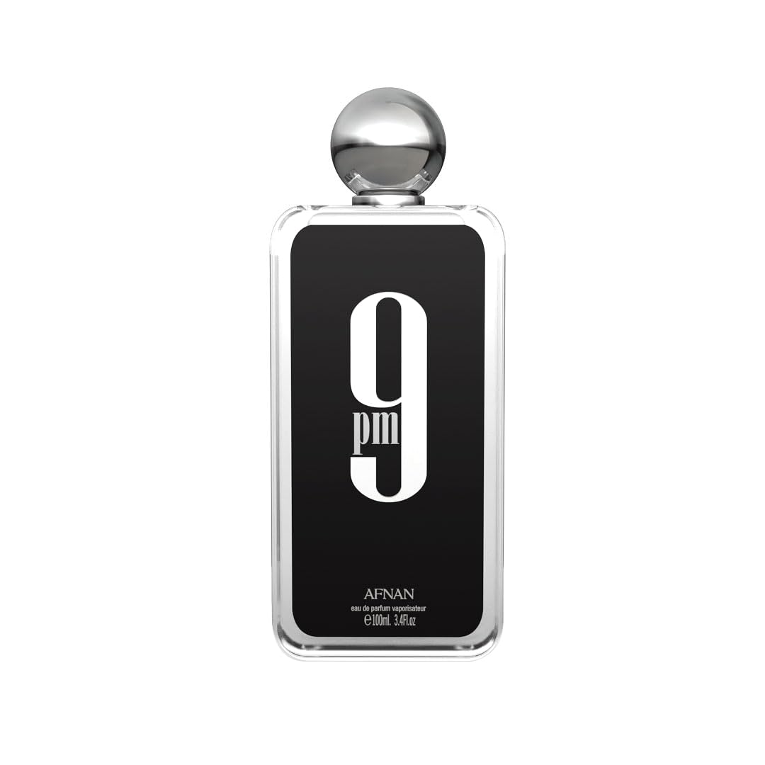 Afnan 9 PM For Men Eau De Parfum bottle, 3.4 fl oz, with sleek design and dark packaging, showcasing the men's fragrance.