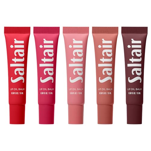 Saltair Hydrating Lip Oil Balm Set | Everyday Shades, 5 Pack, 0.5 fl oz – Clear, Pink, Red, Pink, Reddish-Brown