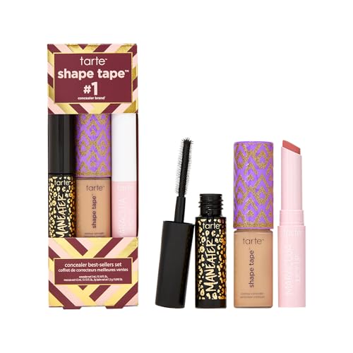 tarte shape tape best-sellers set – Shape Tape Concealer, Hydrating Lip Gloss Balm & Mascara for Curl, Volume & Length, 