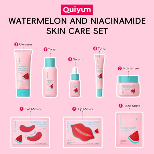 QUIYUM Watermelon & Niacinamide Skincare Set for Women Teens - Product Imagery