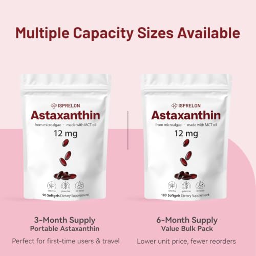 Astaxanthin 12mg with MCT Oil - Travel Size 90 Softgels, 3 Month - Product Imagery