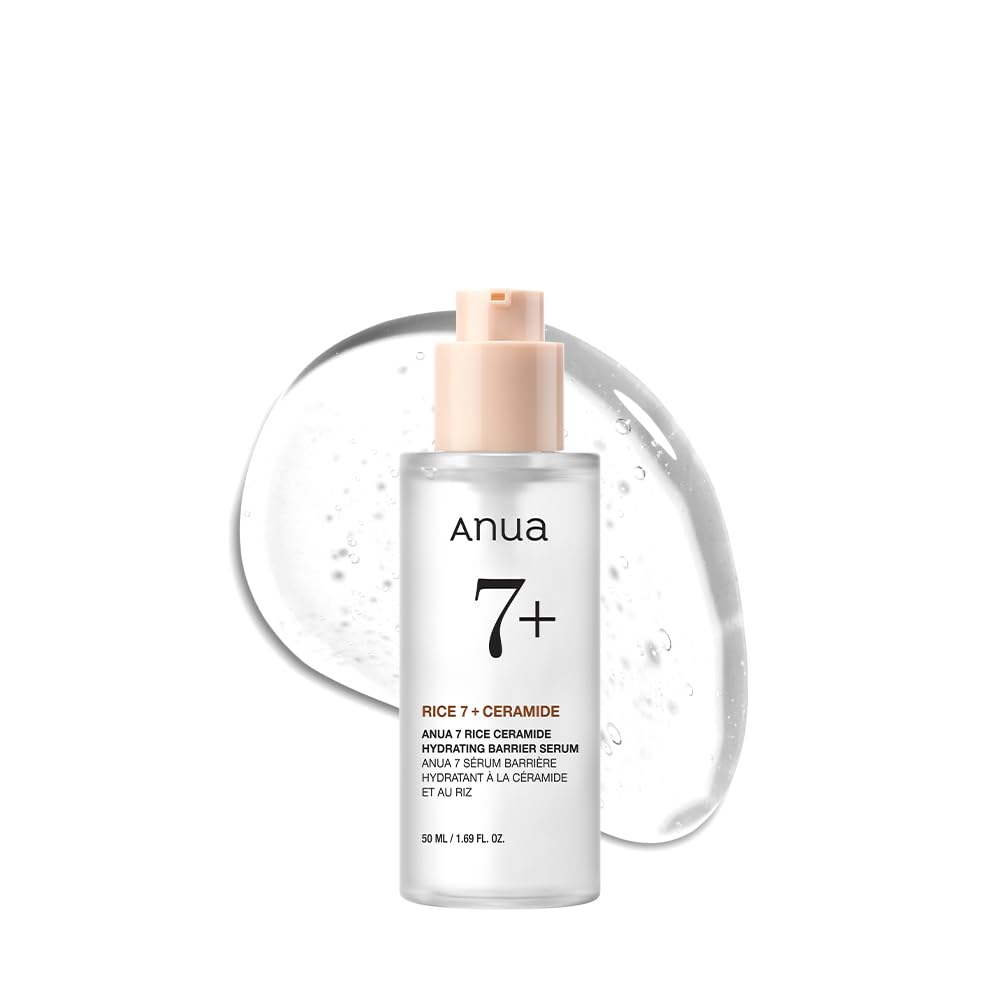 ANUA Rice Ceramide 7 Hydrating Barrier Serum bottle, 1.69 fl oz, with a sleek design and clear labeling, ideal for nourishing skin.