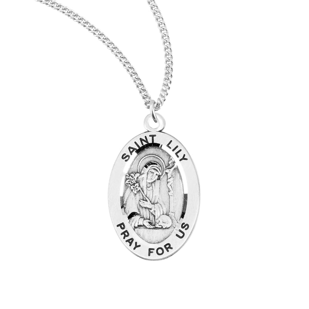 Everlasting Light Jewelry Sterling Silver Saint Medal Pendant Necklace Oval 0.9" x 0.6", 18" Rhodium Plated 