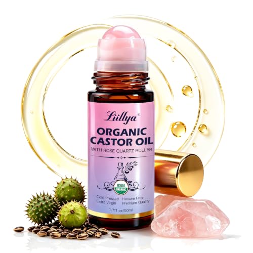 Liillya Organic Castor Oil Roll On with Rose Quartz, Cold Pressed, 1.7oz