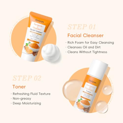 QUIYUM Turmeric Vitamin C Skin Care Set, 5PCS Beauty Routine for - Product Imagery