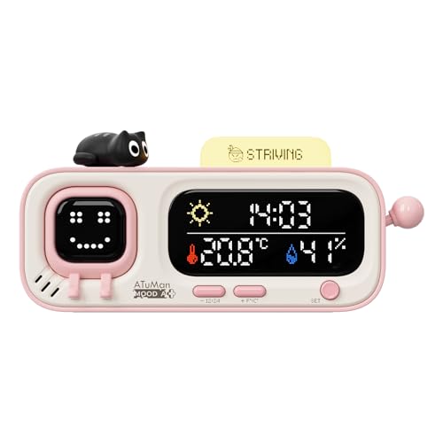 ATuMan Mooda Smart Thermometer Hygrometer Clock with Retro Pixel Display, Cute Animated Expressions, Temperature Humidit