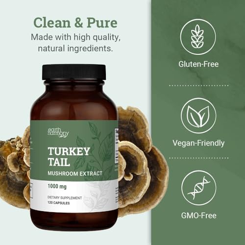 Earth Harmony Organic Turkey Tail Mushroom Capsules (1000mg Pure - Product Imagery
