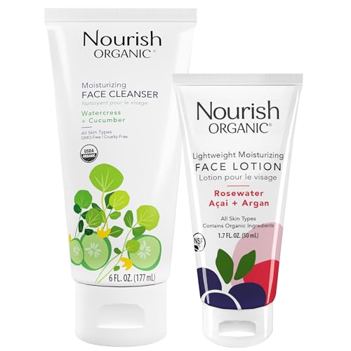 Nourish Organic Face Cleanser + Face Lotion Set – Lightweight, Moisturizing Formulas with Hydrating Aloe Vera and Replen