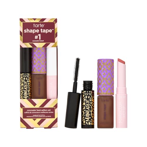tarte shape tape best-sellers set – Shape Tape Concealer, Hydrating Lip Gloss Balm & Mascara for Curl, Volume & Length, 