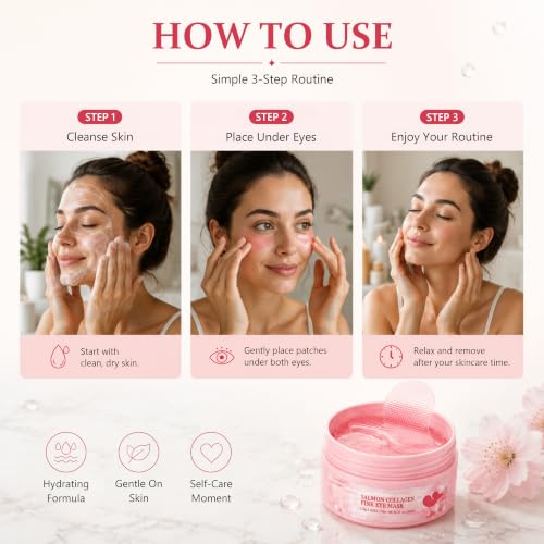 Salmon Collagen Under Eye Masks, 60-Count Pink Hydrogel Eye Pads - Product Imagery