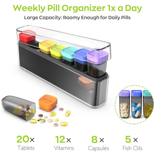 HIONXMGA Weekly Pill Organizer, Detachable 7-Color Pill Box, - Product Imagery